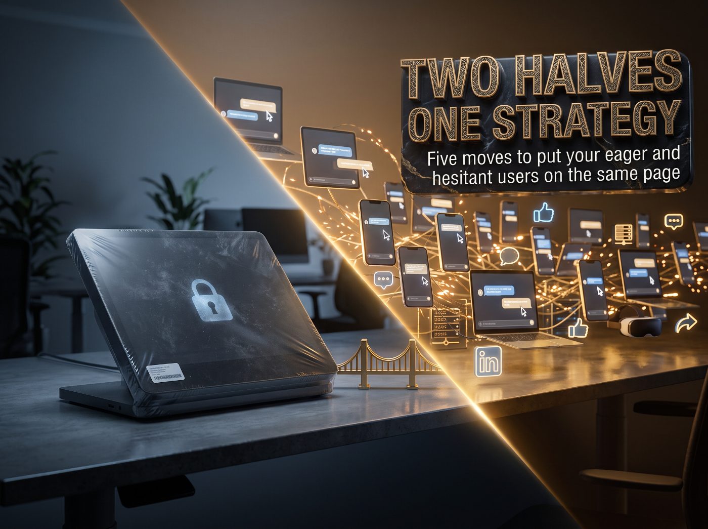 A shrink-wrapped, unused AI terminal on one side of a desk and a swarm of phones and laptops running AI chats on the other. Two halves, one strategy.