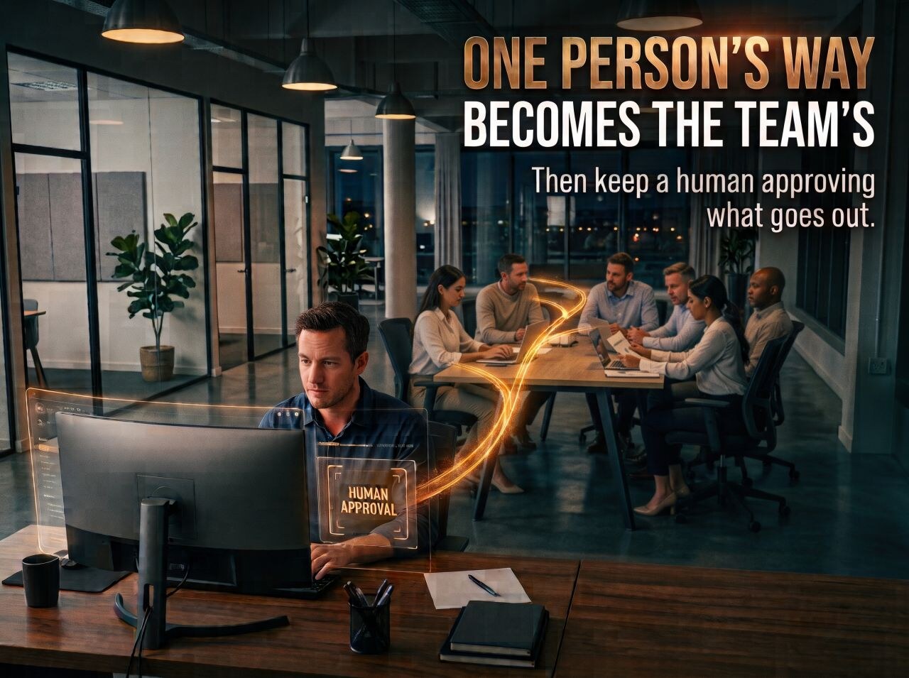 An office at dusk. One person at a desk works under a glowing "Human Approval" frame while a thread of light runs from their screen to a team at a conference table. Caption: One person's way becomes the team's. Then keep a human approving what goes out.